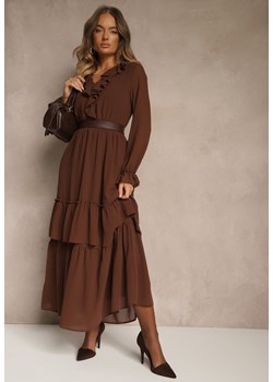 Brązowa Rozkloszowana Sukienka VICES z Falbanami i Transparentnymi Rękawami Aruvite ze sklepu renee.pl w kategorii Sukienki - zdjęcie 186171738