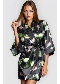 Szlafrok satynowy damski w kwiaty Flowers DK-P 008, Kolor czarno-zielony, Rozmiar XS, DKaren ze sklepu Intymna w kategorii Szlafroki damskie - zdjęcie 186204029