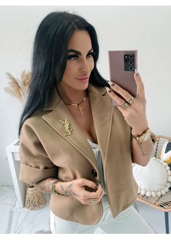 eleganckie krótkie bolerko żakiet marietta z krótkim rękawem - camel ze sklepu STYLOWO w kategorii Marynarki damskie - zdjęcie 186219205