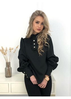 elegancka bluzka franceska z żabotem i ozdobnymi guzikami produkt polski by mielczarkowski  - czarna ze sklepu STYLOWO w kategorii Bluzki damskie - zdjęcie 186219265