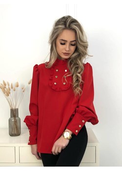 elegancka bluzka franceska z żabotem i ozdobnymi guzikami produkt polski by mielczarkowski  - czerwona ze sklepu STYLOWO w kategorii Bluzki damskie - zdjęcie 186219266