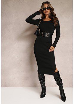 Czarna Dzianinowa Sukienka Midi z Długim Rękawem Rohesa - id: ROSA3018-38-BLACK - marki Renee - 186222889 Czarna Dzianinowa Sukienka Midi z Długim Rękawem Rohesa ze sklepu renee.pl w kategorii Sukienki - zdjęcie 186222889