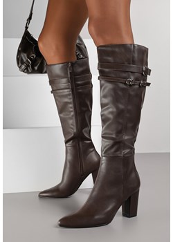 Brązowe Eleganckie Kozaki do Kolan na Słupku Zdobione Paskami z Klamerkami Alenelle - id: 399417 - marki born2be - 186231756 Brązowe Eleganckie Kozaki do Kolan na Słupku Zdobione Paskami z Klamerkami Alenelle ze sklepu born2be.pl w kategorii Kozaki damskie - zdjęcie 186231756