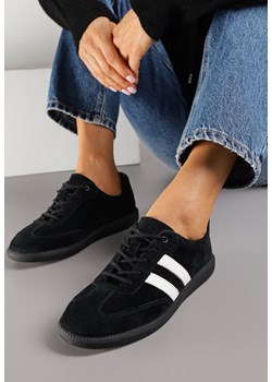 Czarno-Białe Płaskie Sneakersy ze Skóry Naturalnej z Ozdobnymi Paskami Nelarielis ze sklepu renee.pl w kategorii Buty sportowe damskie - zdjęcie 186231896