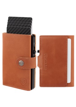 Skórzany portfel męski z zewnętrzną kieszenią na kartę oraz aluminiowym etui z wysuwanymi kartami (brąz) ze sklepu Koruma ID Protection w kategorii Portfele męskie - zdjęcie 186242216