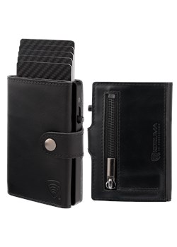 Skórzany portfel męski z kieszenią na bilon oraz aluminiowym etui z wysuwanymi kartami (czarny) ze sklepu Koruma ID Protection w kategorii Portfele męskie - zdjęcie 186242249