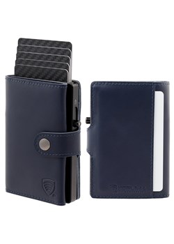 Skórzany portfel męski z zewnętrzną kieszenią na kartę oraz aluminiowym etui z wysuwanymi kartami (granatowy) ze sklepu Koruma ID Protection w kategorii Portfele męskie - zdjęcie 186242535