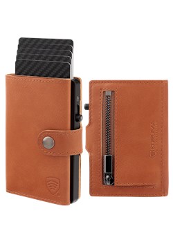 Skórzany portfel męski z kieszenią na bilon oraz aluminiowym etui z wysuwanymi kartami (brązowy) ze sklepu Koruma ID Protection w kategorii Portfele męskie - zdjęcie 186243426