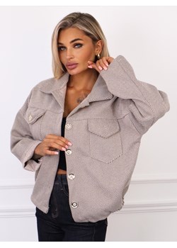 KURTKA OVERSIZE BEŻOWA W BRĄZOWE PASKI ZE ŚCIAGACZEM NA DOLE ze sklepu olika.com.pl w kategorii Kurtki damskie - zdjęcie 186243566