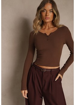 Brązowa Bawełniana Bluzka Longsleeve z Prążkowanej Tkaniny z Guziczkami Amandria ze sklepu renee.pl w kategorii Bluzki damskie - zdjęcie 186251016
