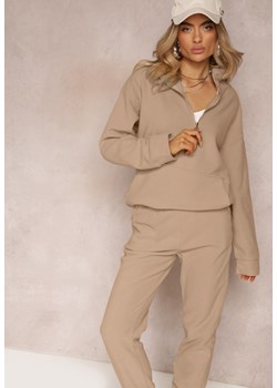 Beżowy Komplet Dresowy z Polaru Bluza z Krótkim Suwakiem i Spodnie Joggery Hypamena ze sklepu renee.pl w kategorii Komplety i garnitury damskie - zdjęcie 186254597