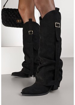 Czarne Kozaki Kowbojki na Stożkowym Obcasie z Wywiniętą Cholewką i Klamrą Naletea ze sklepu born2be.pl w kategorii Kozaki damskie - zdjęcie 186257877