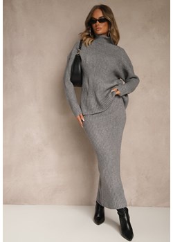 Szary Komplet z Dzianiny z Wełną w Prążki Golf i Ołówkowa Spódnica Falirea - id: 5388-MIX5K-39-GREY - marki Renee - 186262946 Szary Komplet z Dzianiny z Wełną w Prążki Golf i Ołówkowa Spódnica Falirea ze sklepu renee.pl w kategorii Komplety i garnitury damskie - zdjęcie 186262946