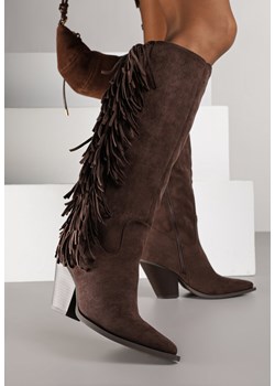 Ciemnobrązowe Kozaki Kowbojki z Imitacji Zamszu z Frędzlami i Stożkowym Obcasem Rafilea ze sklepu renee.pl w kategorii Kozaki damskie - zdjęcie 186278835