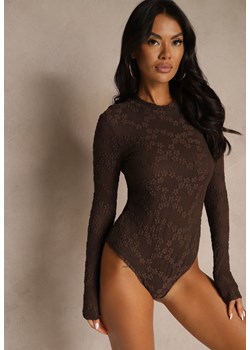 Brązowe Body Longsleeve z Kopertowym Dekoltem w Kwiatowy Print Zenneva ze sklepu renee.pl w kategorii Body damskie - zdjęcie 186279038