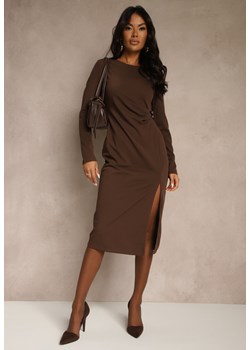 Brązowa Sukienka Bodycon z Bawełną i Paskami z Klamrami z Boku Esenelia ze sklepu renee.pl w kategorii Sukienki - zdjęcie 186283256