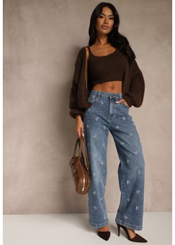 Niebieskie Jeansy Wide Leg High Waist z Haftem w Kształcie Kokardek Salimessa ze sklepu renee.pl w kategorii Jeansy damskie - zdjęcie 186285795