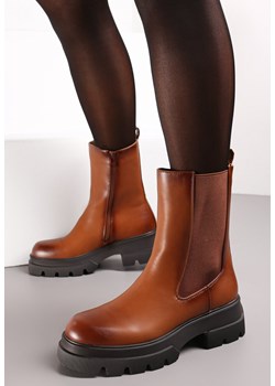 Jasnobrązowe Botki Na Platformie z Tłoczeniami i Elastyczną Wstawką Visima ze sklepu born2be.pl w kategorii Botki - zdjęcie 186316657