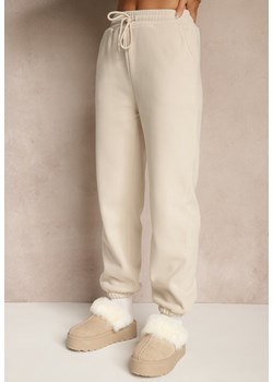 Beżowe Dresowe Spodnie z Bawełny z Ociepleniem Ozdobione Sznurkiem Citila ze sklepu renee.pl w kategorii Spodnie damskie - zdjęcie 186331037