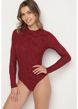 Bordowe Koronkowe Body z Bawełną z Długim Rękawem Zenarria ze sklepu born2be.pl w kategorii Body damskie - zdjęcie 186340239