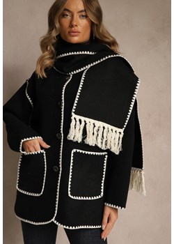 Czarna Kurtka Oversize z Szalikiem i Ozdobnymi Przeszyciami Claritila - id: LM8233-38-BLACK - marki Renee - 186343635 Czarna Kurtka Oversize z Szalikiem i Ozdobnymi Przeszyciami Claritila ze sklepu renee.pl w kategorii Kurtki damskie - zdjęcie 186343635