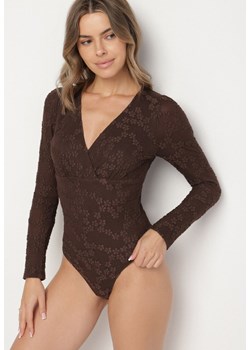 Brązowe Koronkowe Body z Bawełną z Długim Rękawem Zenarria ze sklepu born2be.pl w kategorii Body damskie - zdjęcie 186343865