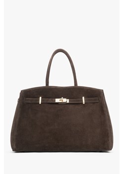 Estro: Elegancka ciemnobrązowa torebka typu tote z włoskiego weluru naturalnego Premium ze sklepu Estro w kategorii Kuferki - zdjęcie 186349909