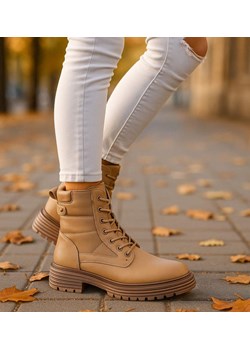 Sznurowane ocieplane botki trapery Khaki /F1-3 18255 W430/ ze sklepu Pantofelek24.pl w kategorii Workery damskie - zdjęcie 186385097