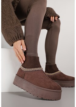 Brązowe Śniegowce VICES na Grubej Podeszwie z Haftem i Skarpetkową Cholewką Enantia ze sklepu born2be.pl w kategorii Śniegowce damskie - zdjęcie 186388467