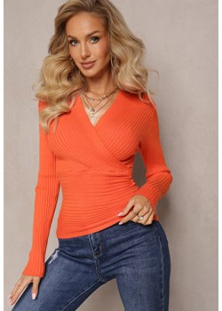 Pomarańczowy Obcisły Sweter z Prążkowanego Materiału z Kopertowym Dekoltem Sembiso - id: HXH2166-67-ORANGE - marki Renee - 186390649 Pomarańczowy Obcisły Sweter z Prążkowanego Materiału z Kopertowym Dekoltem Sembiso ze sklepu renee.pl w kategorii Swetry damskie - zdjęcie 186390649