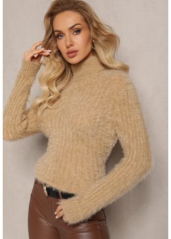 Beżowy Golf z Puchatego Materiału z Wełną i Długim Rękawem Geolla - id: 2980-1-42-BEIGE - marki Renee - 186390679 Beżowy Golf z Puchatego Materiału z Wełną i Długim Rękawem Geolla ze sklepu renee.pl w kategorii Swetry damskie - zdjęcie 186390679