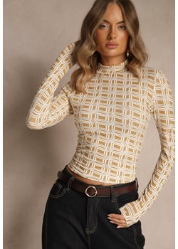 Biało-Beżowa Bluzka Longsleeve z Golfem z Bawełny w Geometryczny Print Zadanevia ze sklepu renee.pl w kategorii Bluzki damskie - zdjęcie 186390709