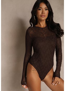 Brązowe Body Typu Longsleeve z Koronki Eseiana ze sklepu renee.pl w kategorii Body damskie - zdjęcie 186400157