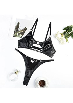 Skórzany komplet bielizny z metalową klamrą - Czarny S ze sklepu Intimica.pl w kategorii Komplety bielizny damskiej - zdjęcie 186423516