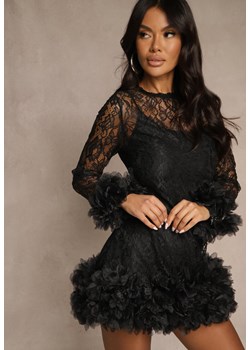 Czarna Dopasowana Koronkowa Sukienka Koktajlowa z Tiulowymi Aplikacjami Kretalia ze sklepu renee.pl w kategorii Sukienki - zdjęcie 186468215
