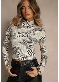 Jasnoszara Bluzka Longsleeve z Bawełny z Półgolfem i Panterkowym Printem Unalla ze sklepu renee.pl w kategorii Bluzki damskie - zdjęcie 186493998