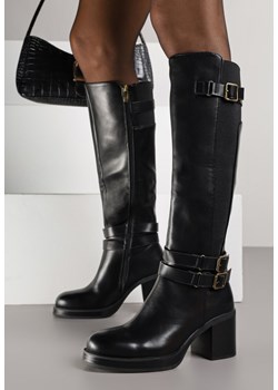 Czarne Kozaki na Słupkowym Obcasie ze Sprzączkami i Elastycznym Panelem Unazza - id: K650-38-BLACK - marki Renee - 186494048 Czarne Kozaki na Słupkowym Obcasie ze Sprzączkami i Elastycznym Panelem Unazza ze sklepu renee.pl w kategorii Kozaki damskie - zdjęcie 186494048