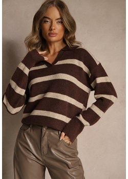 Brązowy Sweter z Wełną Zdobiony Kołnierzykiem i Wzorem w Paski Tevila - id: RM5096-54-BROWN - marki Renee - 186518646 Brązowy Sweter z Wełną Zdobiony Kołnierzykiem i Wzorem w Paski Tevila ze sklepu renee.pl w kategorii Swetry damskie - zdjęcie 186518646