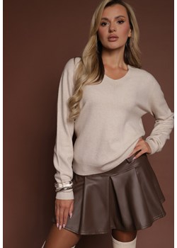 Beżowy Sweter z Wełną i Wiskozą z Trójkątnym Dekoltem Kaitte ze sklepu renee.pl w kategorii Swetry damskie - zdjęcie 186548119