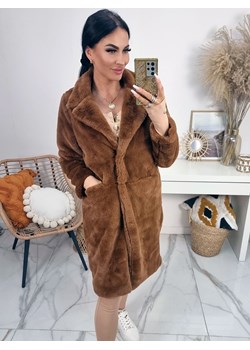 długi ciepły płaszcz futerko laponia z imitacji futra - ciemny camel ze sklepu STYLOWO w kategorii Futra damskie - zdjęcie 186555625