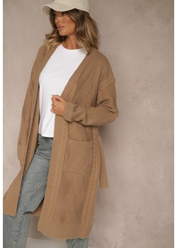 Brązowy Tłoczony Kardigan z Wełną o Kroju Bez Zapięć z Paskiem Dorrive ze sklepu renee.pl w kategorii Swetry damskie - zdjęcie 186577629