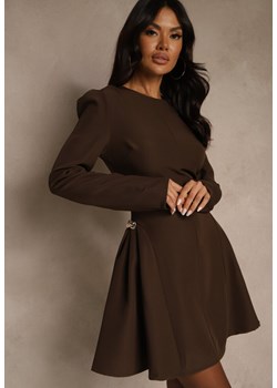 Brązowa Sukienka o Rozkloszowanym Kroju z Ozdobą z Boku Eleslia ze sklepu renee.pl w kategorii Sukienki - zdjęcie 186634605