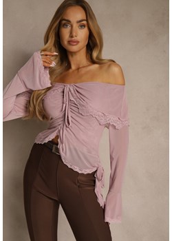 Różowa Bluzka Off Shoulder z Falbankami z Siateczki z Bawełny i Wiskozy Fenisella ze sklepu renee.pl w kategorii Bluzki damskie - zdjęcie 186659696