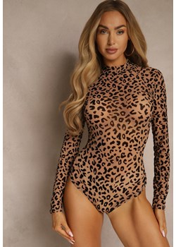 Beżowe Body Longsleeve ze Stójką w Panterkę z Dodatkiem Wiskozy Eclane ze sklepu renee.pl w kategorii Body damskie - zdjęcie 186659909