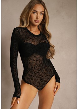 Czarne Body Longsleeve z Domieszką Wiskozy w Welurowy Wzór w Kwiaty Eclene ze sklepu renee.pl w kategorii Body damskie - zdjęcie 186659915