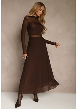 Brązowa Rozkloszowana Sukienka Longsleeve z Siateczki z Dodatkiem Wiskozy Eprella ze sklepu renee.pl w kategorii Sukienki - zdjęcie 186659958