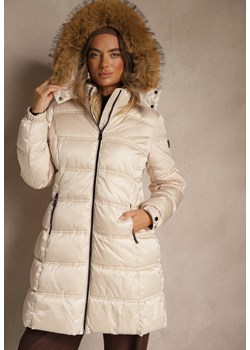 Beżowa Pikowana Kurtka o Długim Fasonie z Odpinanym Kapturem z Futerkiem  Fenalda ze sklepu renee.pl w kategorii Kurtki damskie - zdjęcie 186668317