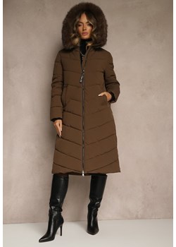 Brązowa Pikowana Kurtka o Długim Kroju z Kapturem z Futrem Galianesa ze sklepu renee.pl w kategorii Kurtki damskie - zdjęcie 186671916