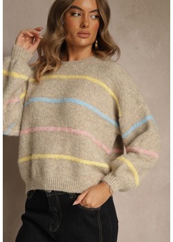 Beżowy Sweter o Nietoperzowym Fasonie z Dodatkiem Wełny w Paseczki Ralinatia ze sklepu renee.pl w kategorii Swetry damskie - zdjęcie 186678817