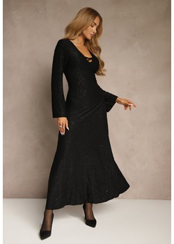 Czarna Rozkloszowana Sukienka Longsleeve w Zebrę Zdobiona Brokatem Mevilisa ze sklepu renee.pl w kategorii Sukienki - zdjęcie 186694599